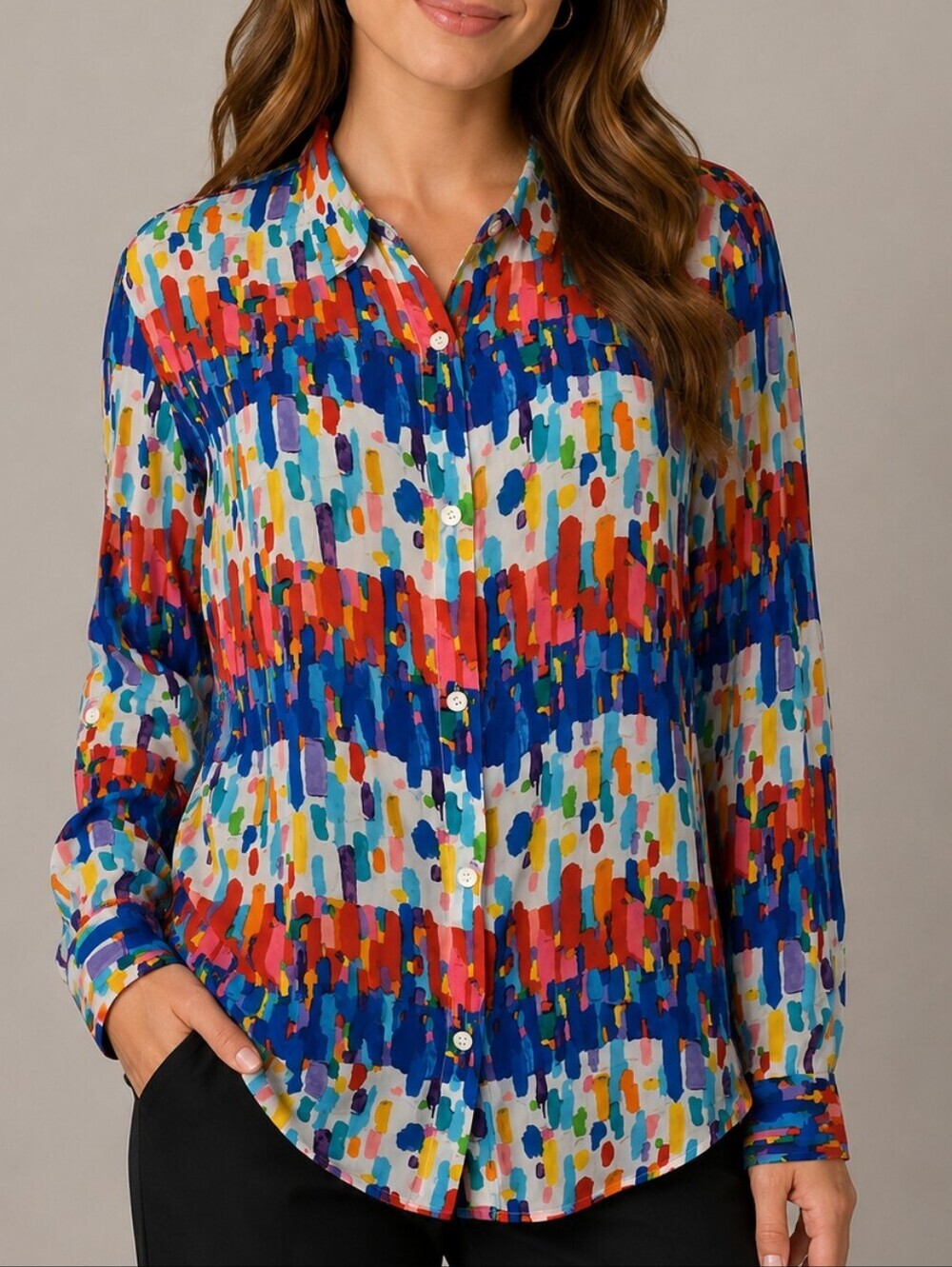 APNY Abstract Multi-Color Button-Front Blouse